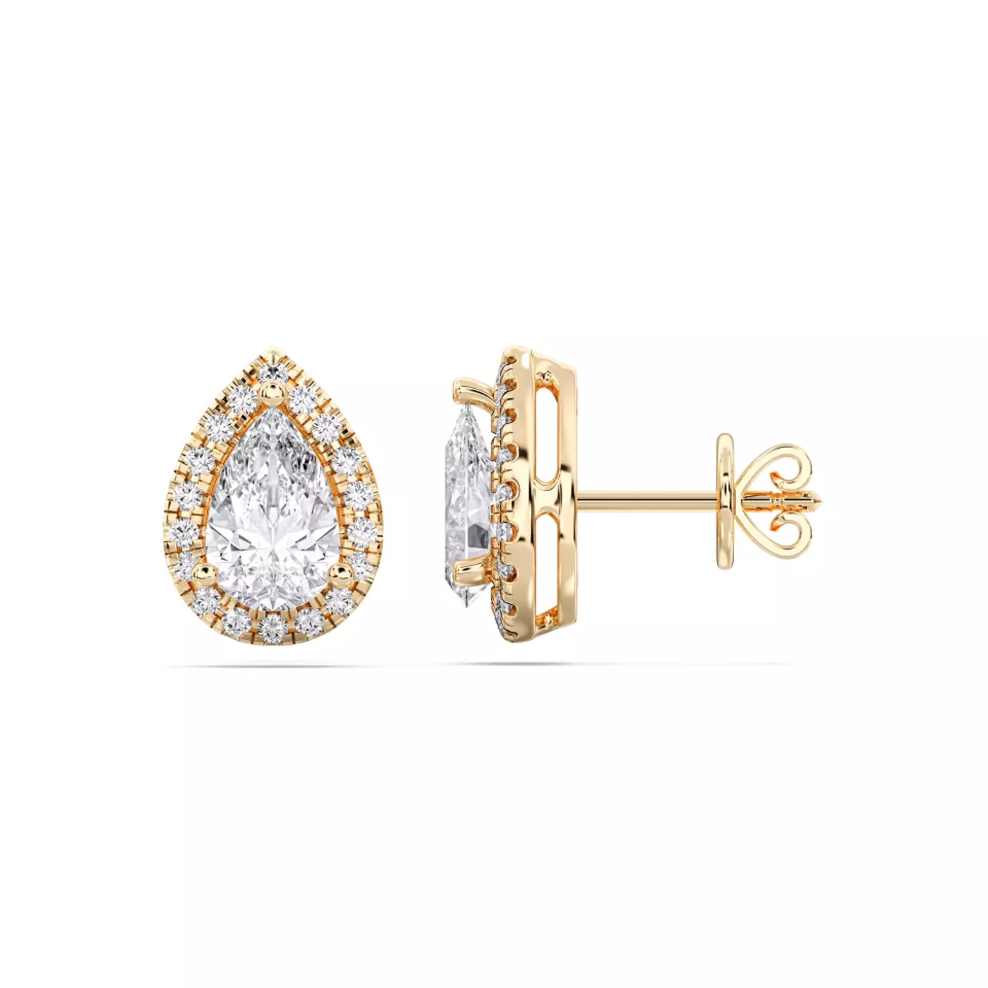 Rare Carat's bestselling Bellara Pear-Shaped Lab Diamond Halo Stud Earrings, displayed on a white background