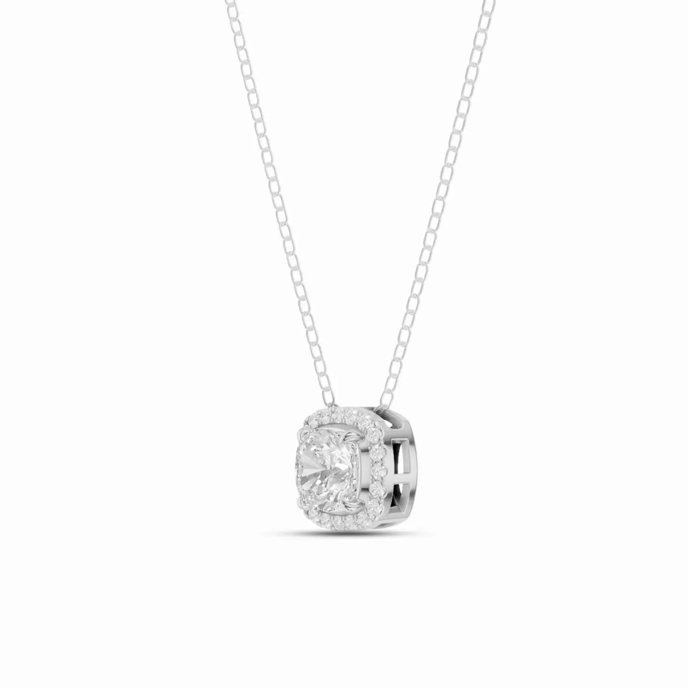 Cushion Halo Lab Diamond Necklace set against a white background