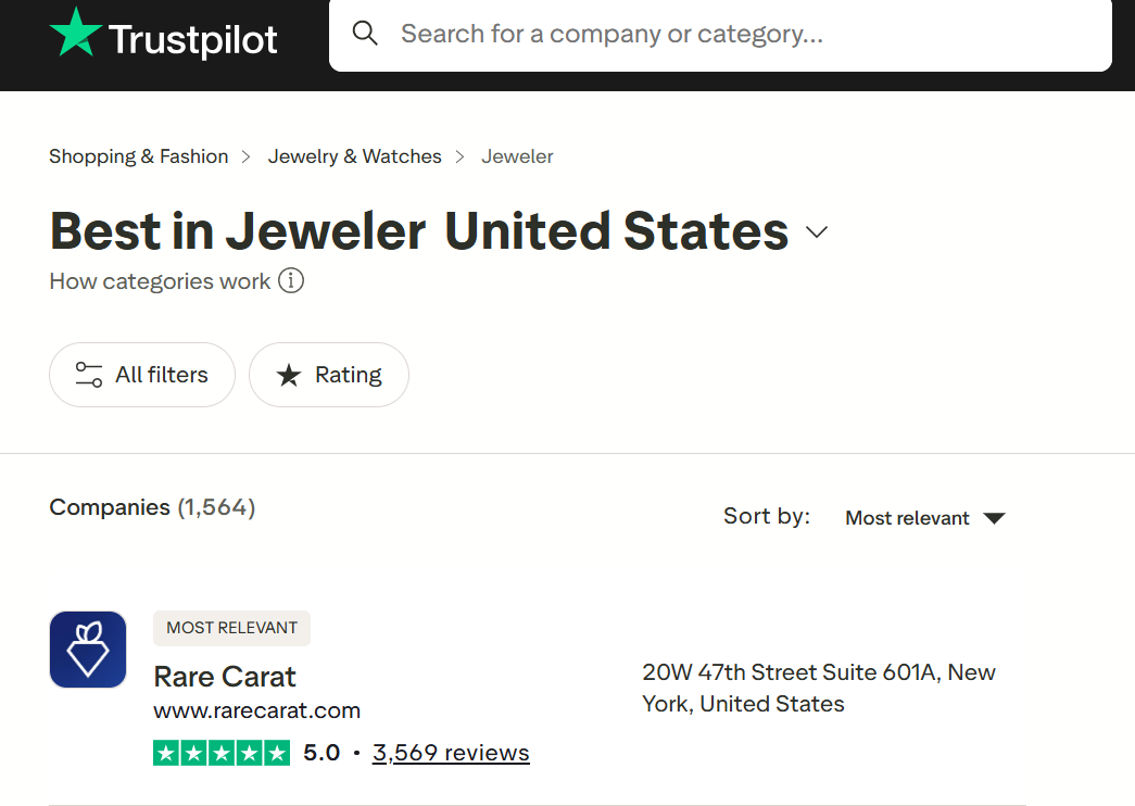 Screenshot of Trustpilot's page showing Rare Carat as the top-rated online jeweler in USA