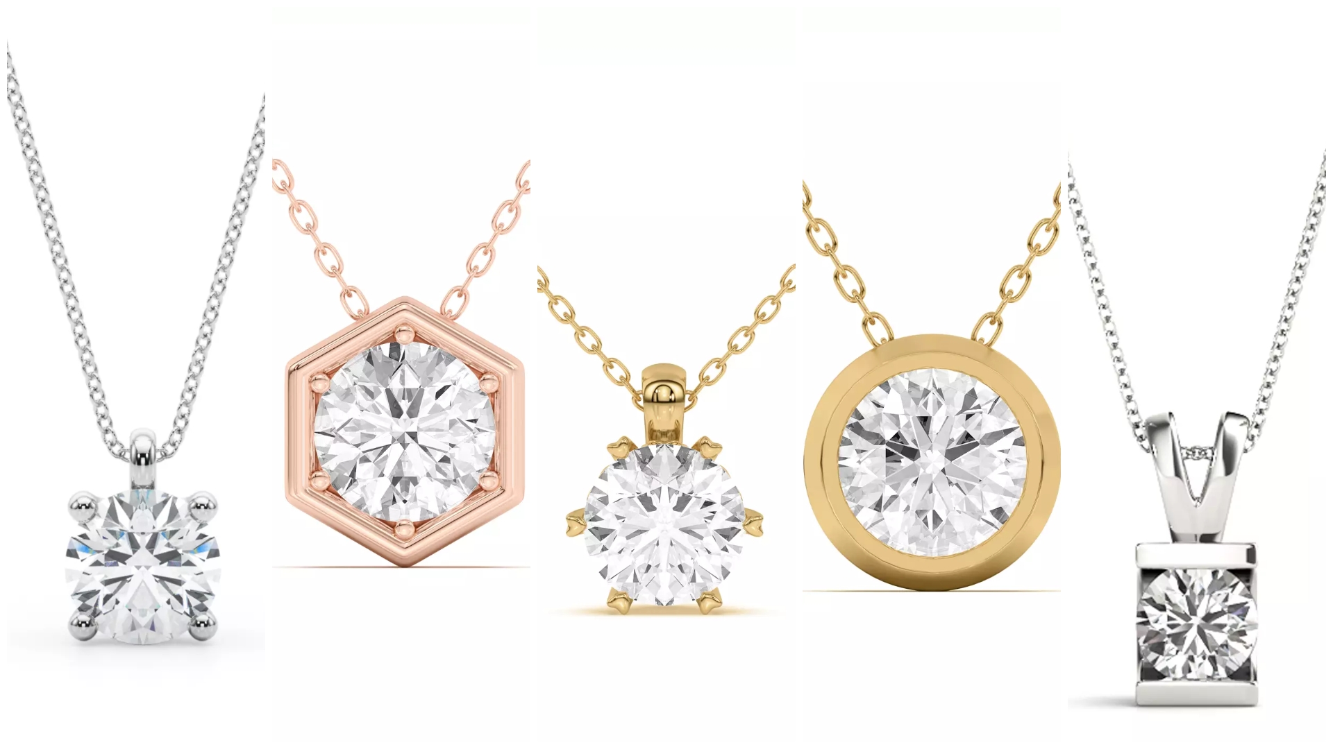 Composite image of lab diamond pendants from Rare Carat, one of the best places to buy lab diamond solitaire necklaces
