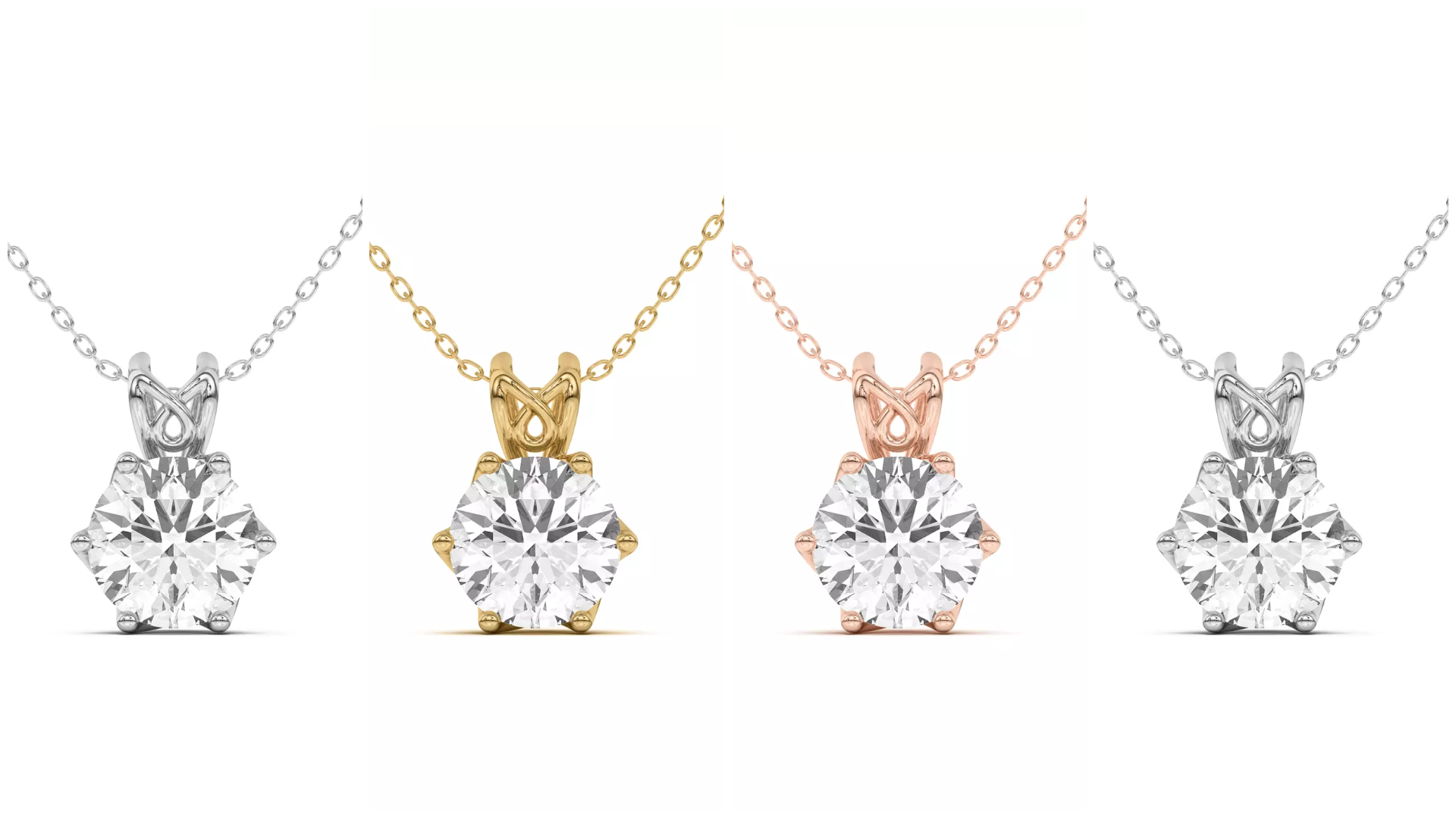 Composite image of same solitaire necklace design in different setting metals, white gold, yellow gold, rose gold, and platinum.png