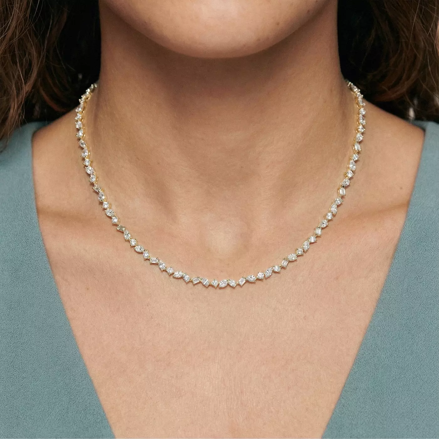 Zina Mixed Shape Lab Diamond Necklace, resting gracefully against the collarbone of the woman wearing it