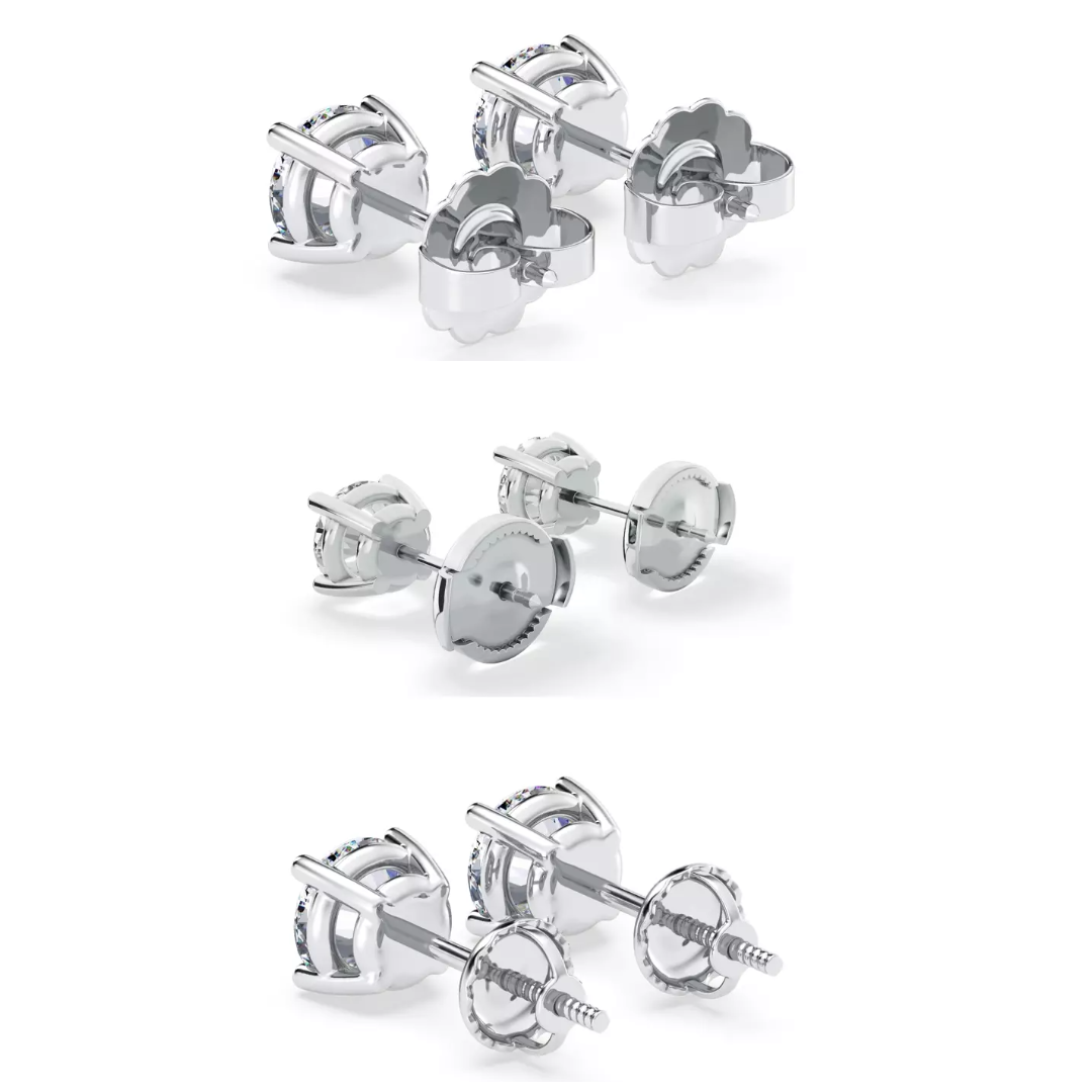 Different backing options available at Rare Carat, featuring push, guardian, and screw backing types