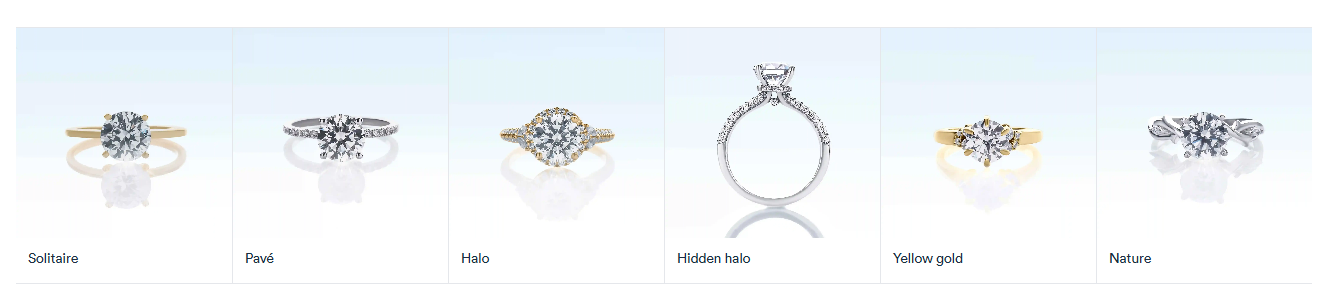 Screenshot of Rare Carat's website, highlighting the different lab diamond ring settings available