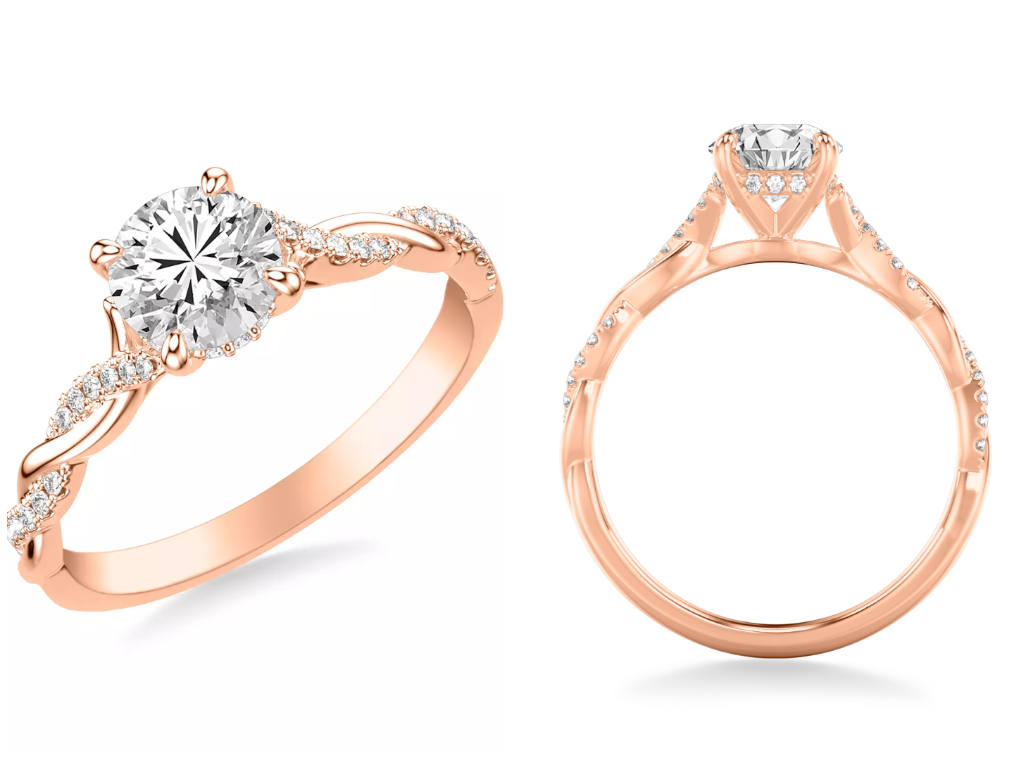 bestselling Kayleigh Lab Diamond Twist Engagement Ring in two differet angle, highlight all design detail