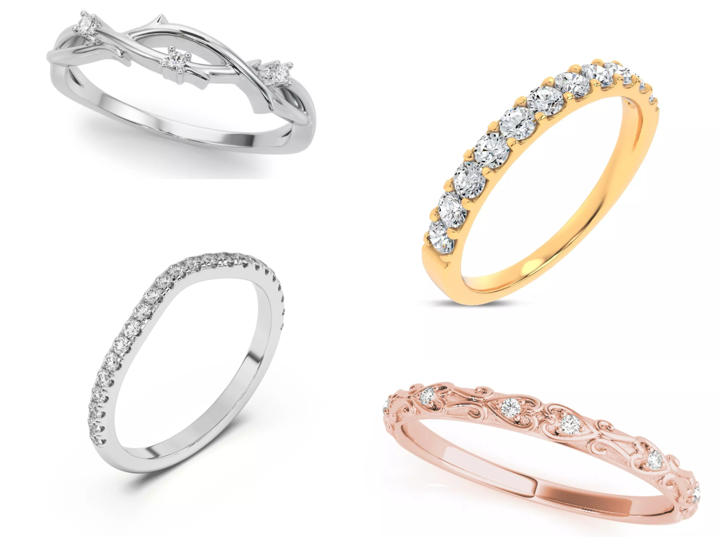 Composite image lab wedding bands from Rare Carat, the best place for lab-grown diamond bands