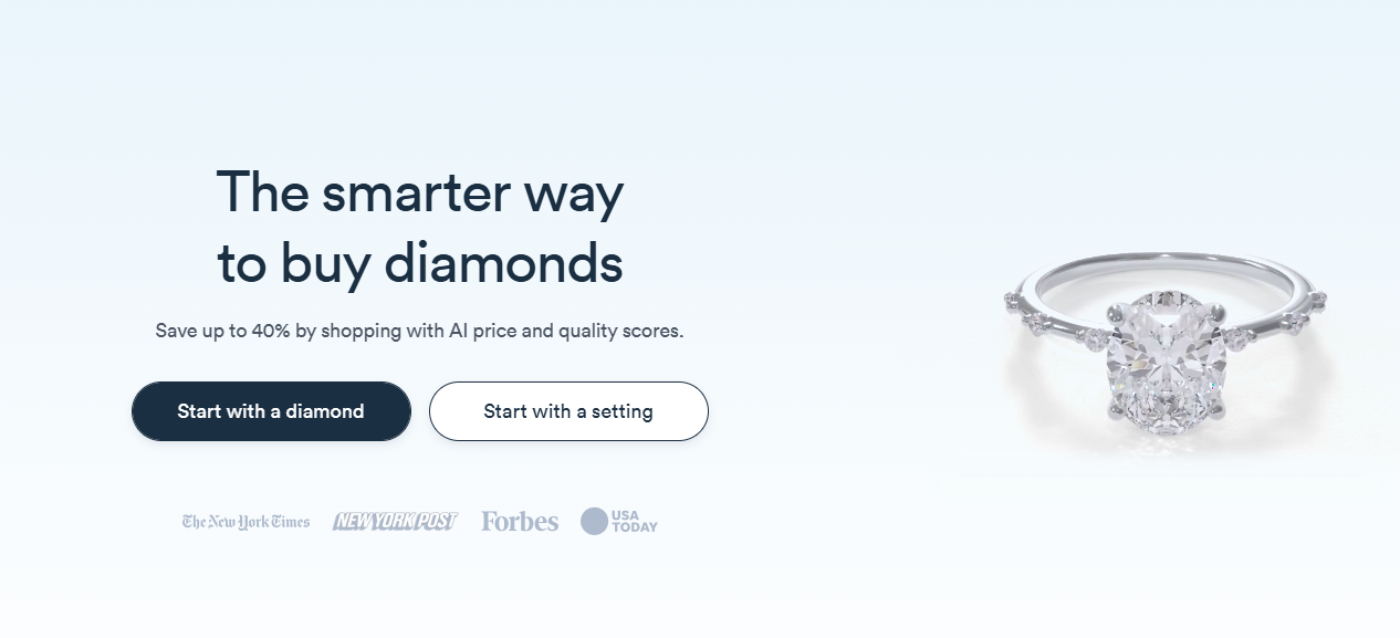 Screenshot of Rare Carat's homepage, with the text "The smarter way to buy diamonds" in large font