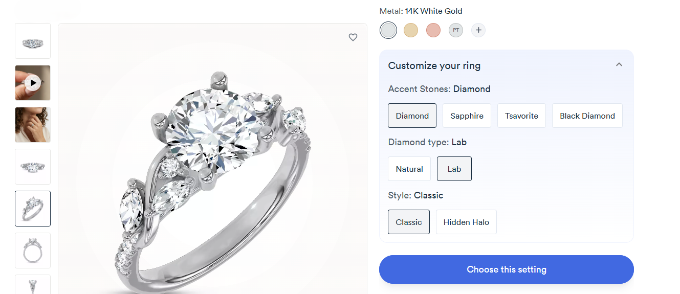 Bestselling pre-set Hayden Curved Vine Lab Engagement Ring from Rare Carat with it's customization options