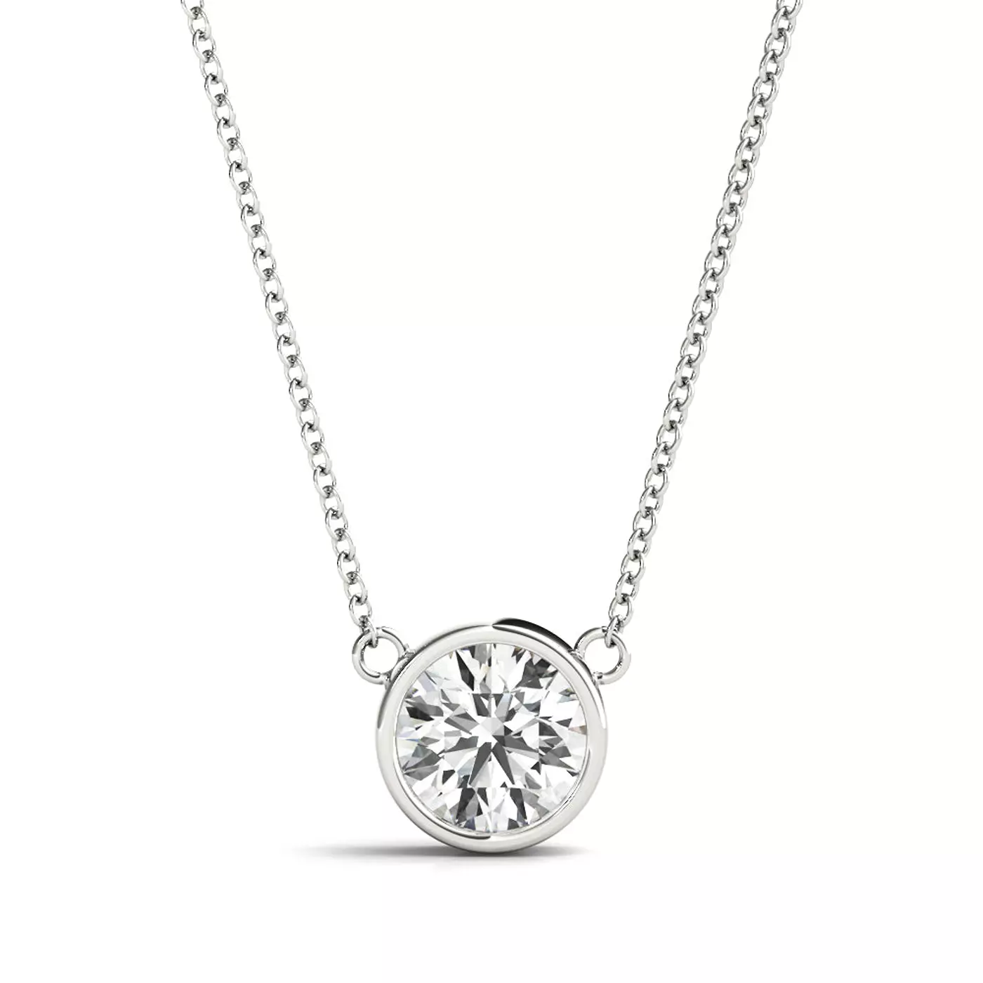 Classic Solitaire Bezel Lab Diamond Necklace in White Gold from Rare Carat, diaplayed on a white background