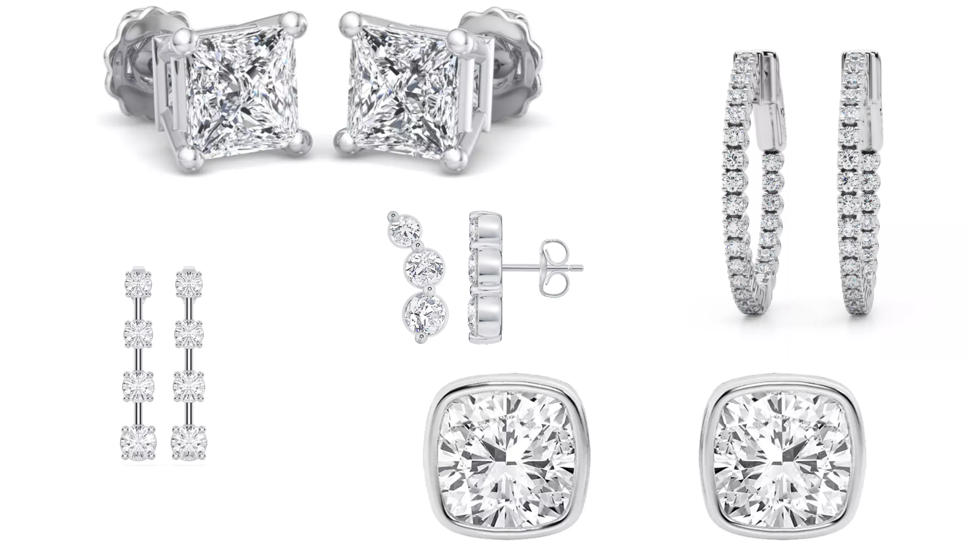 Composite image of bestselling white gold earrings with large diamonds from Rare Carat, the best place to buy large diamonds (2 carats and above)