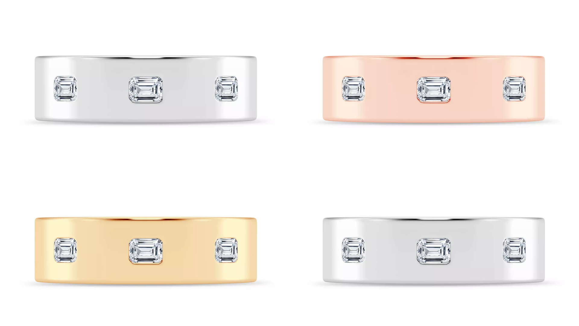 Bestselling Flush Set Emerald-Cut Lab Diamond Band from Rare Carat in the different band metal options available: Platinum, Yellow Gold, Rose Gold, and White Gold