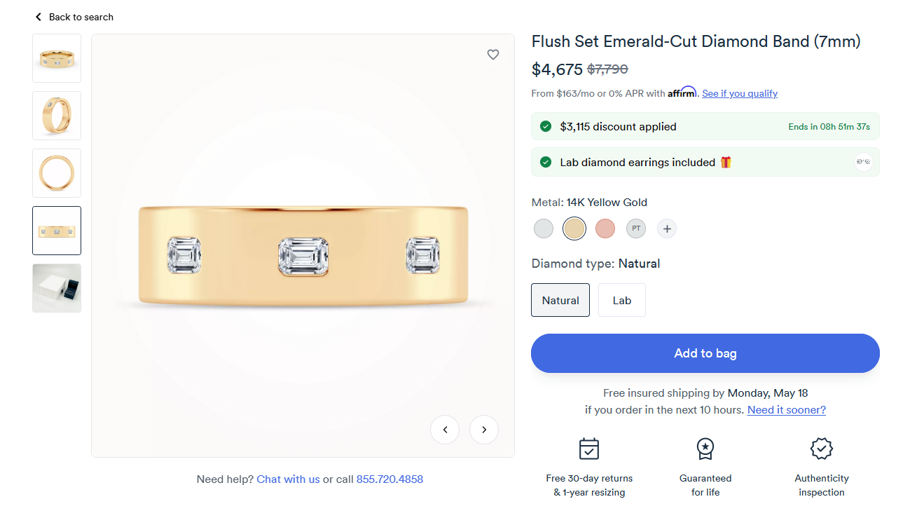 Customization options available for the bestselling Flush Set Emerald-Cut Lab Diamond Band from Rare Carat, one of the best places to buy men's diamond bands
