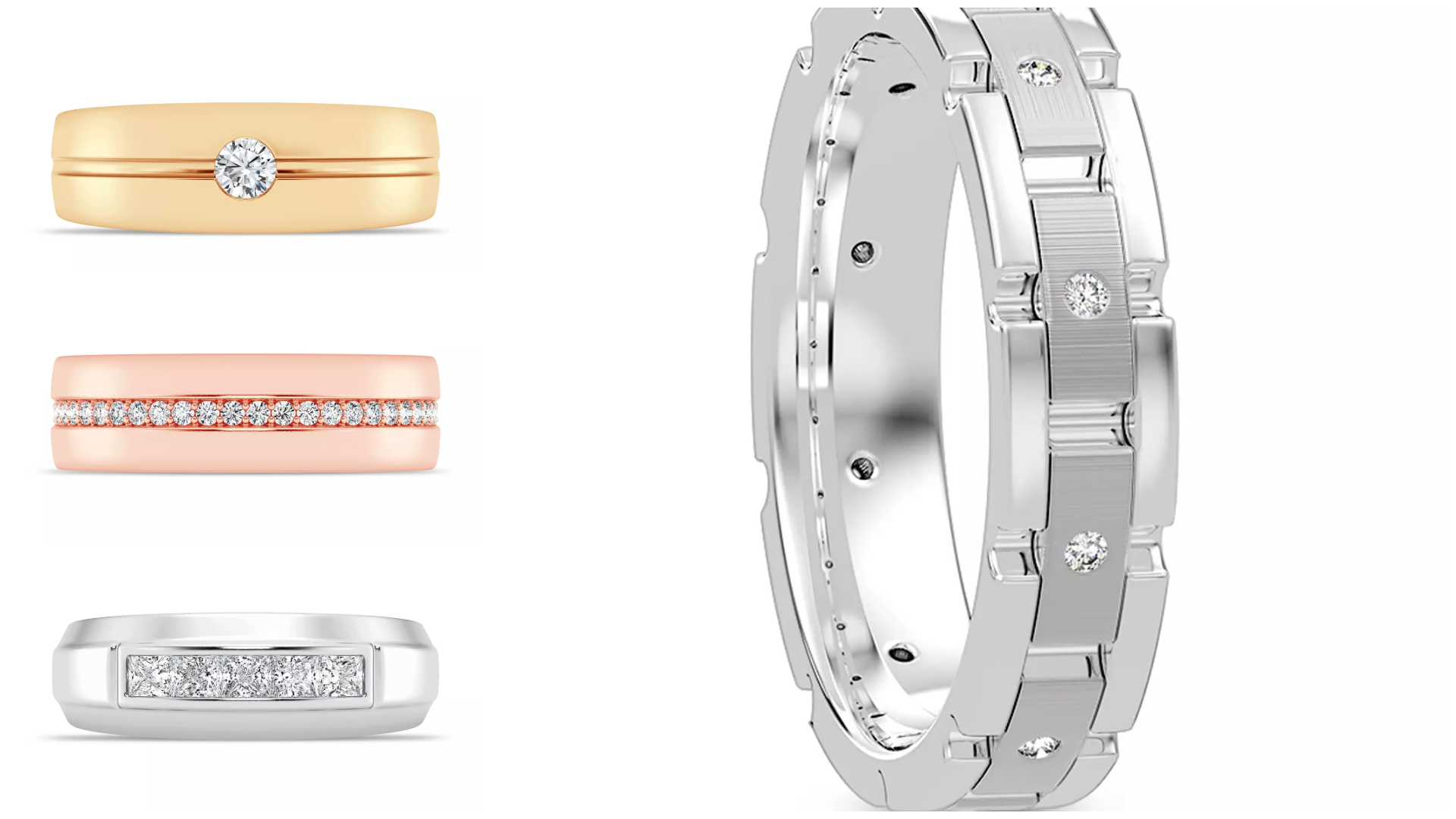 Composite image of bestsellers from Rare Carat, one of the best places to buy diamond rings for men