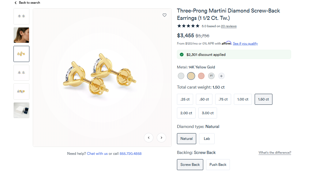 Customization options for bestselling Three-Prong Martini Diamond Screw-Back Earrings on Rare Carat website