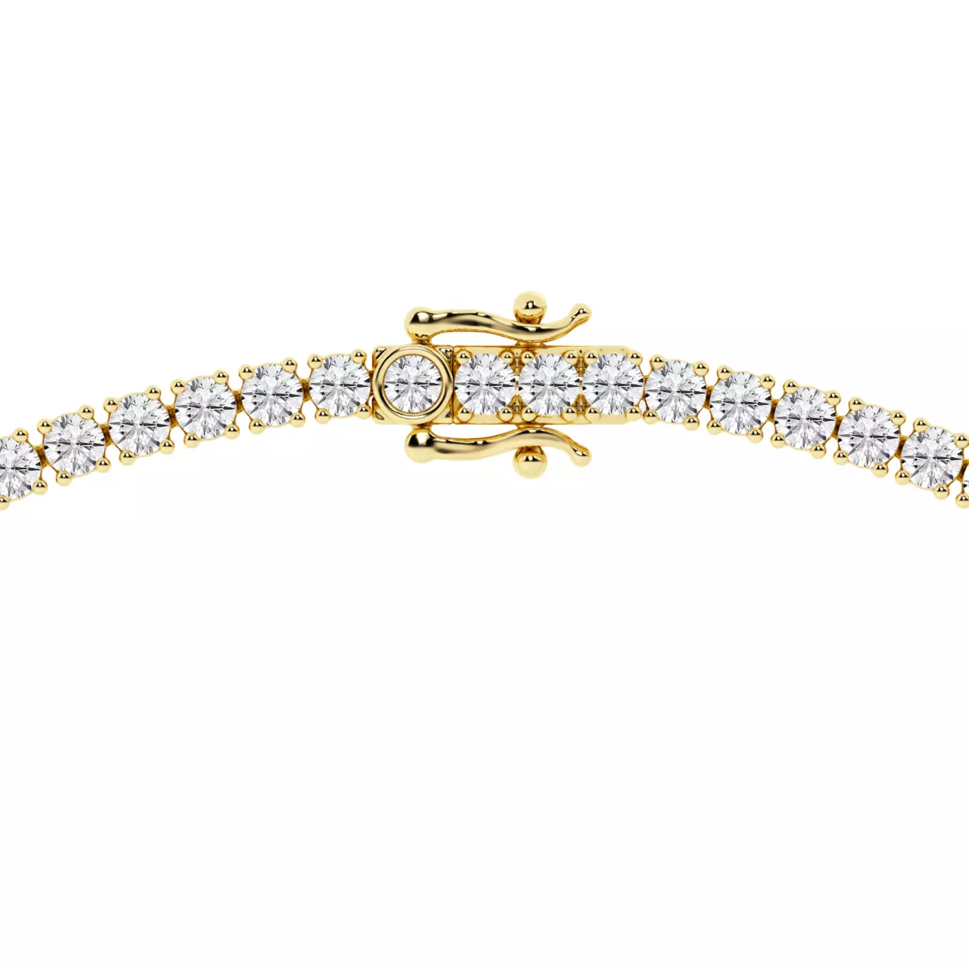 Closeup of a diamond tennis necklace's clasp style to show at Rare Carat the necklace can be viewed from any angle in HD quality