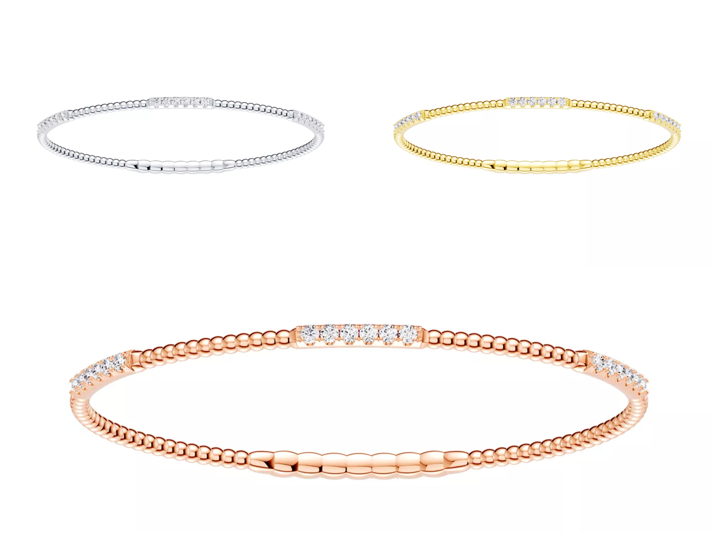 same bracelet style in three popular metal options: yellow gold, white gold, and rose gold