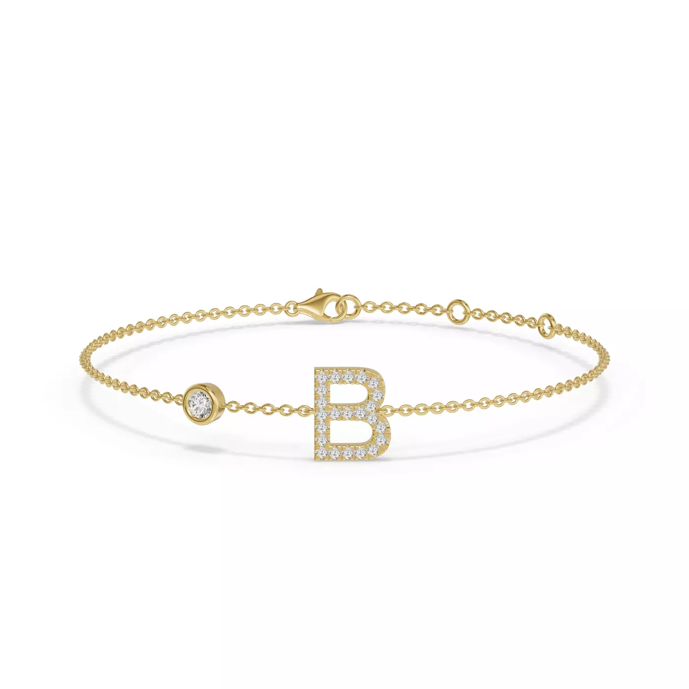 Bestselling Bezel Diamond Gold Initial Bracelet from Rare Carat displayed on a white background