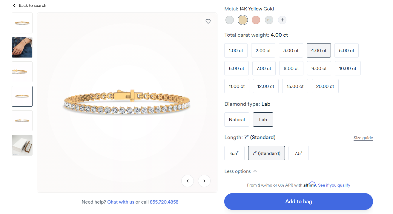 A closer look at different product page customization options available at Rare Carat for best lab diamond bracelet styles