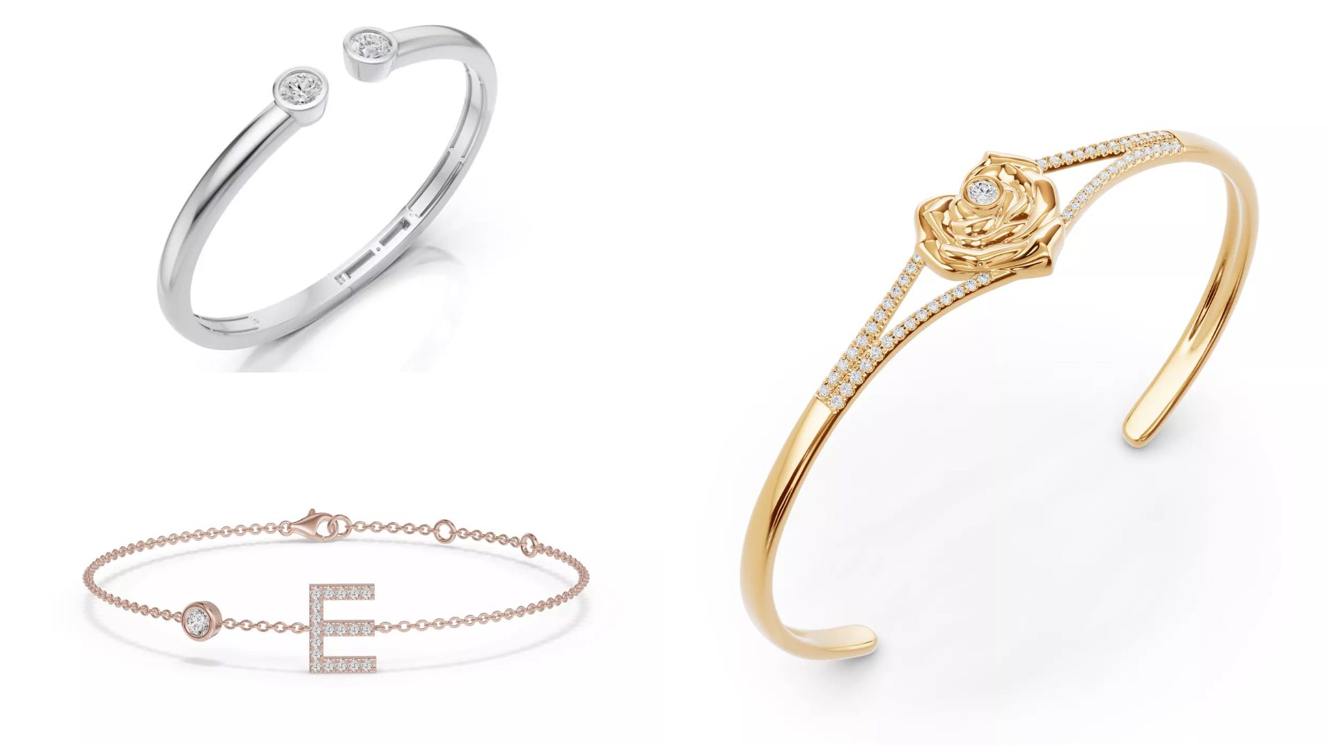 composite image of Unique bracelet styles from Rare Carat, displayed on a white background