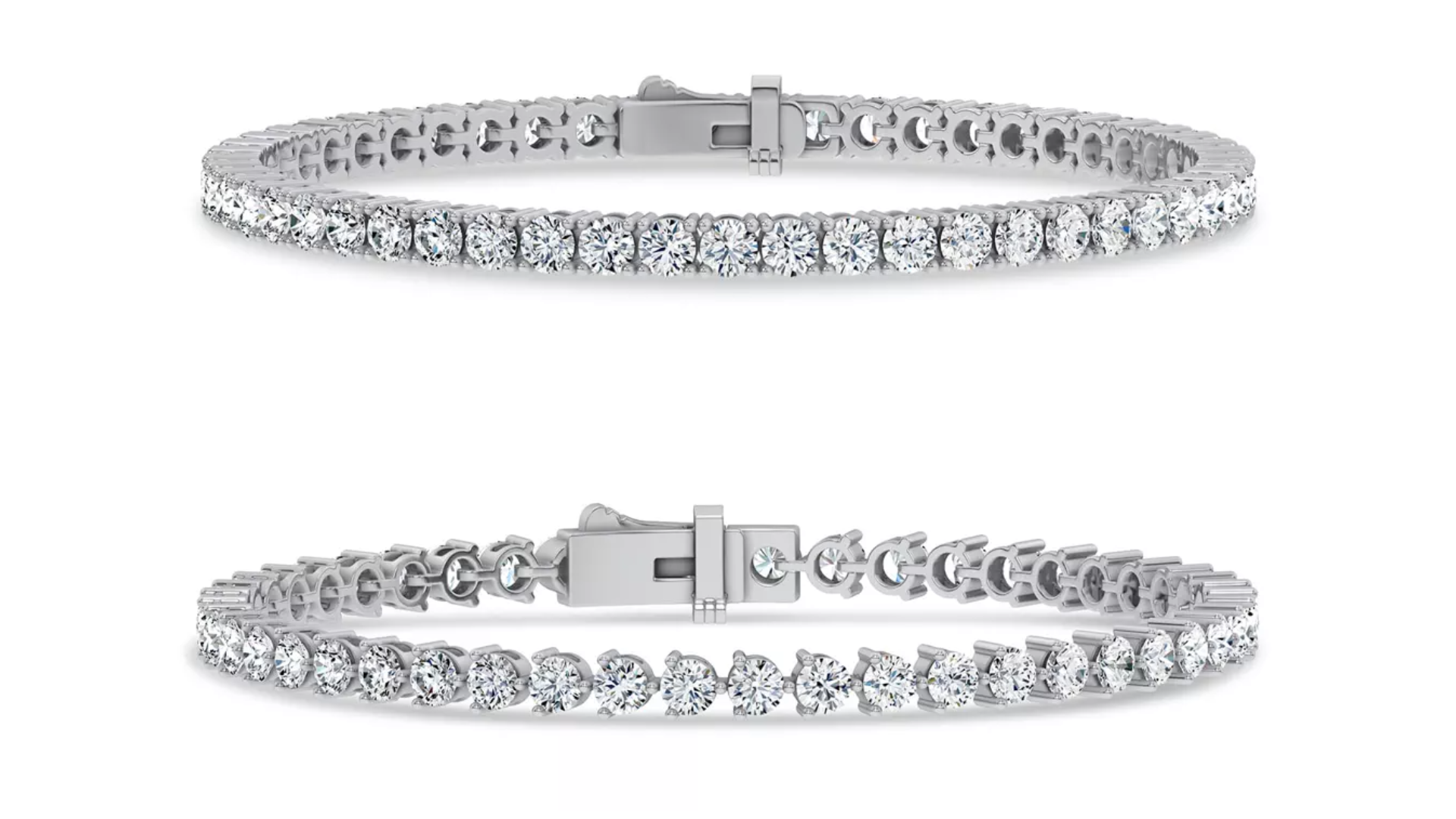 Composite image of the bestselling standard 4-prong tennis bracelet design and the bestselling Three-Prong Lab Diamond Tennis Bracelet to show the design difference