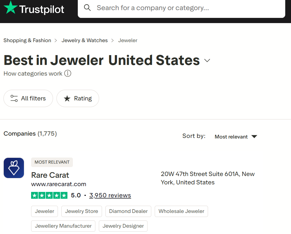 Screenshot of Trustpilot's page showing the top-rated jeweler in the U.S. is Rare Carat, one of the best places to shop for diamond jewelry gifts under $1000