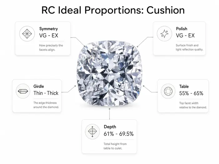 Rare Carat's ideal proportions for a cushion-cut diamond, highlighting its symmetry, polish, girdle, table, and depth