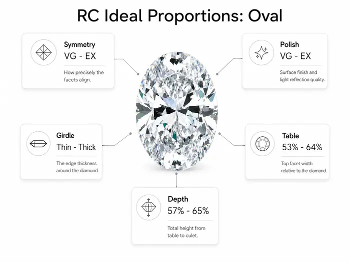 Rare Carat's ideal proportions for an oval cut diamond, showing symmetry, polish, girdle, table, and depth