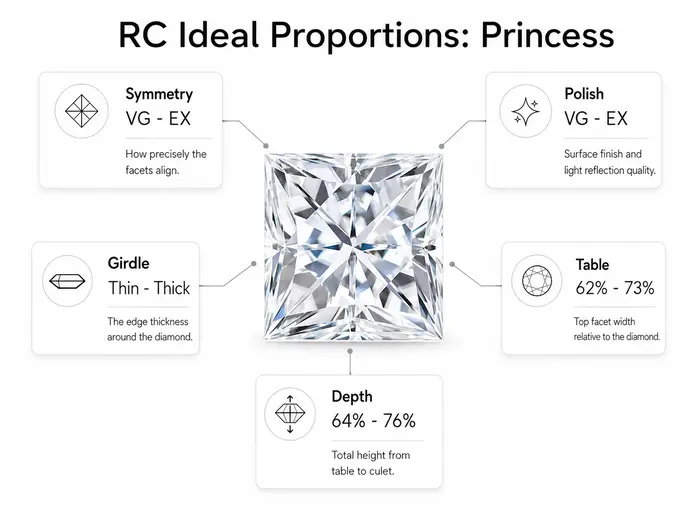 Rare Carat's ideal proportions for a princess cut diamond, showing symmetry, polish, girdle, table, and depth