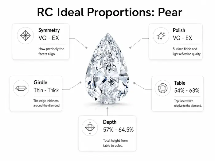Rare Carat's ideal proportions for a pear cut diamond, showing symmetry, polish, girdle, table, and depth