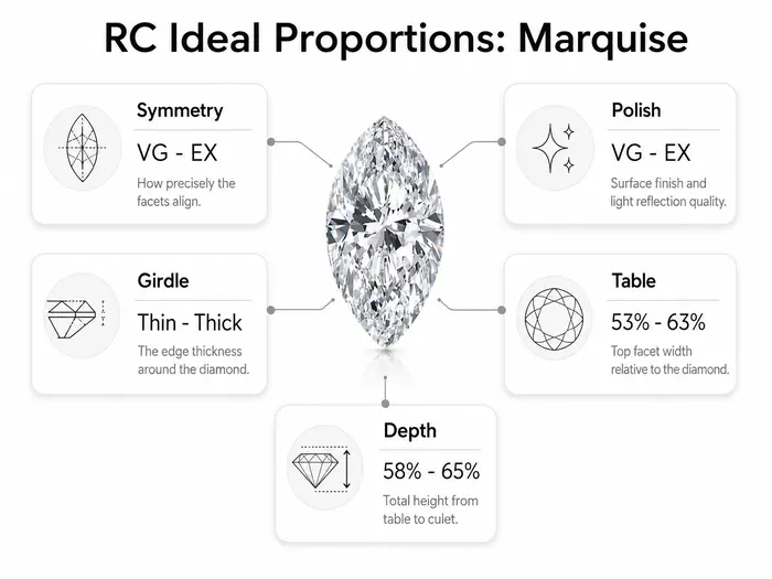 Rare Carat's ideal proportions for a marquise cut diamond, showing symmetry, polish, girdle, table, and depth