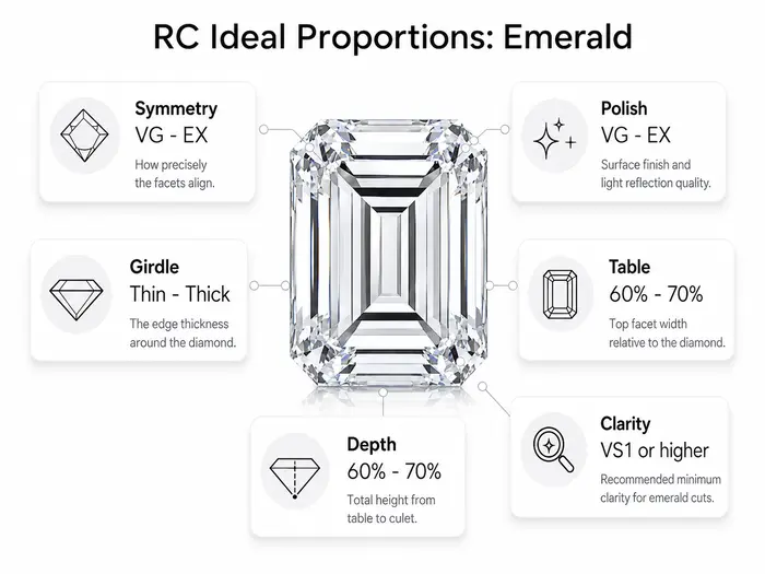 Rare Carat's ideal proportions for an emerald cut diamond showing symmetry, polish, girdle, table, depth, and clarity