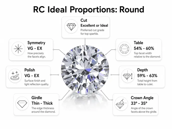 Rare Carat's ideal proportions for a round cut diamond, showing cut, symmetry, polish, girdle, table, depth, and crown angle