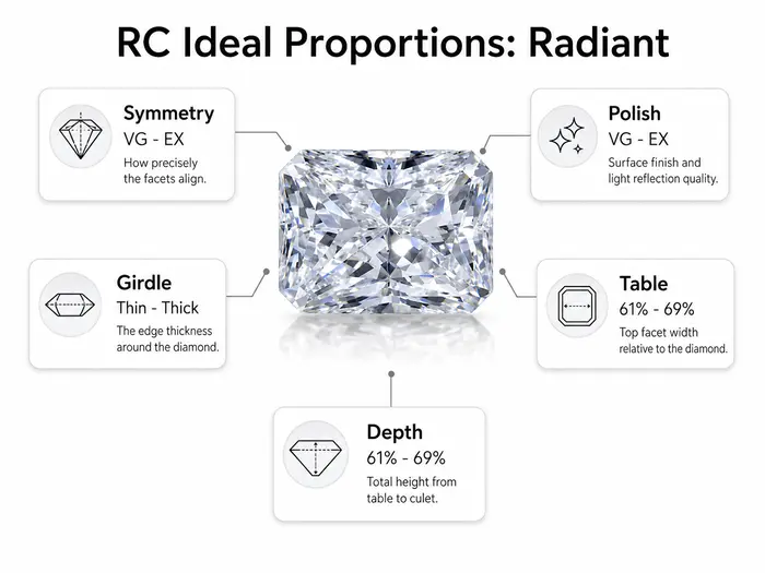 Rare Carat's ideal proportions for a radiant cut diamond, showing symmetry, polish, girdle, table, and depth