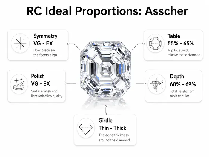 Rare Carat's ideal proportions for an asscher cut diamond, showing symmetry, polish, girdle, table, and depth