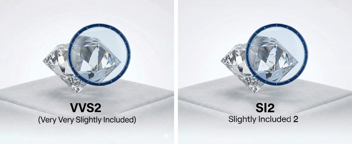 Clean side-by-side comparison, you can see the SI2 diamond has visibly more inclusions under the loupe than the VVS2