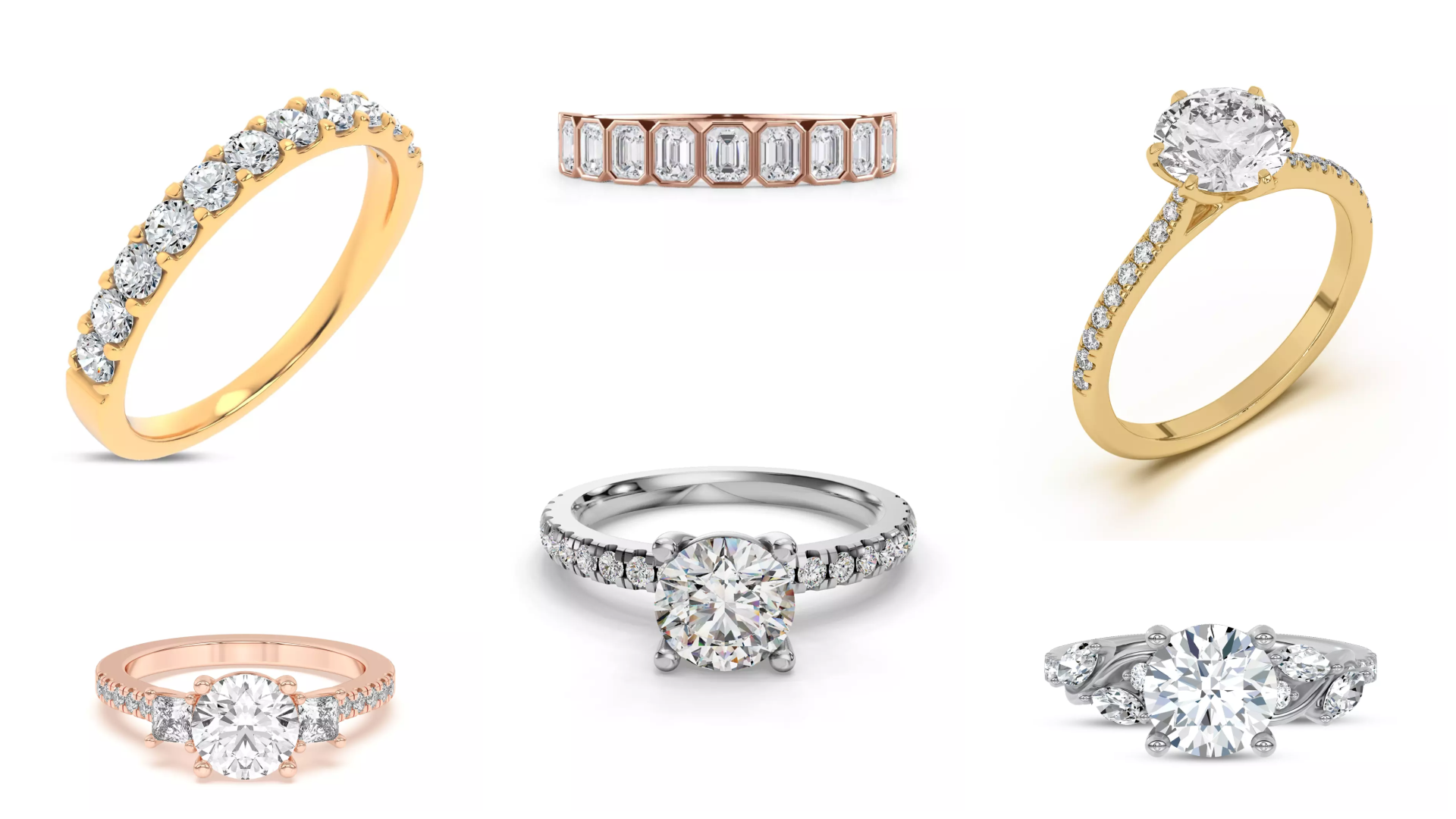 Composite image of bestselling settings from Rare Carat, one of the best places to buy affordable engagement rings