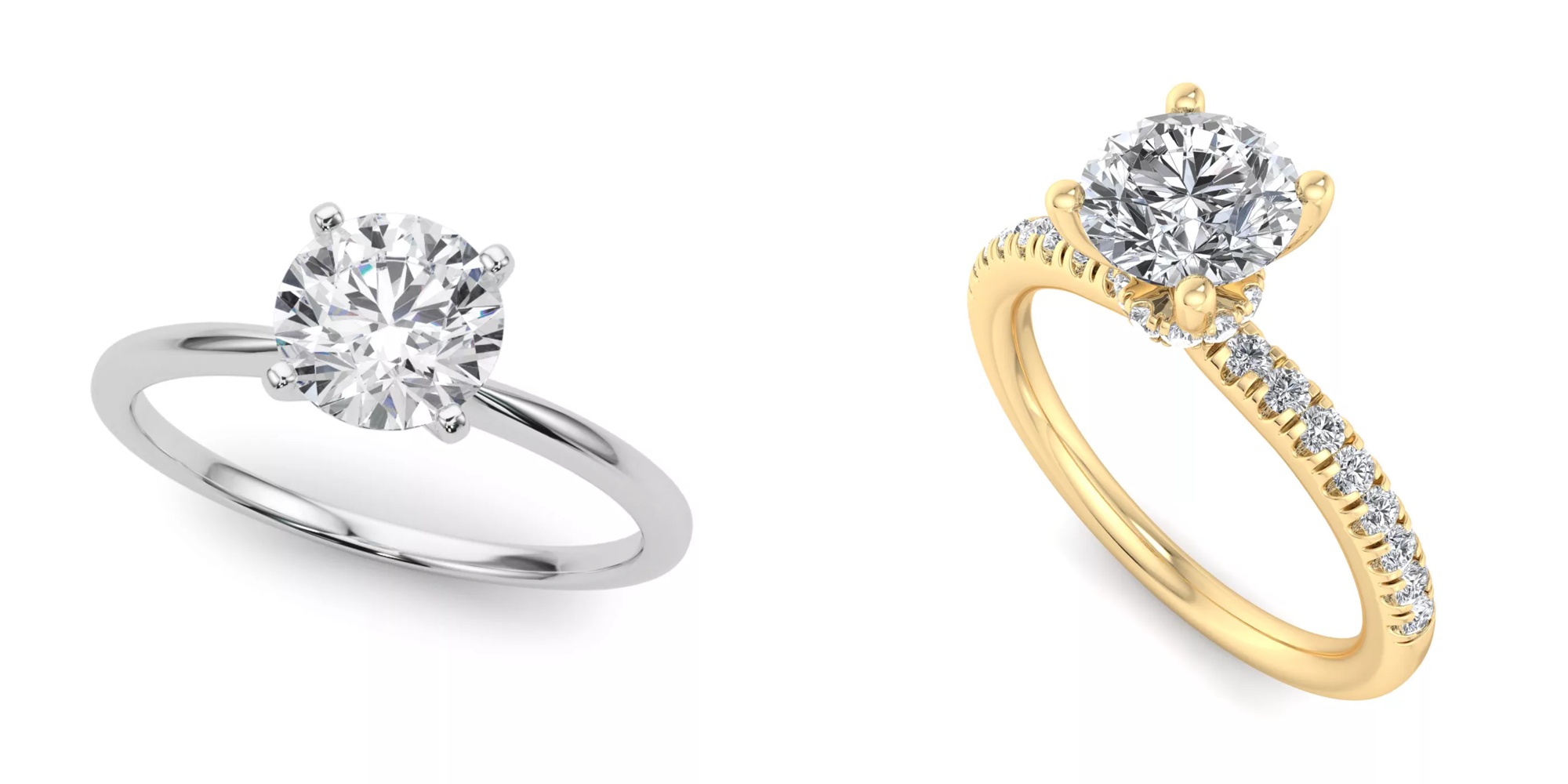 Aurora Classic 4 Prong Solitaire Engagement Ring and Charlotte Hidden Halo with Pave Band, displayed side by side
