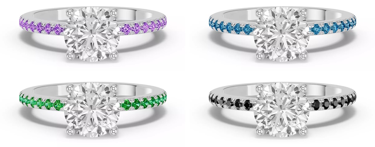 A same diamond and gemstone engagement ring, shown with 4 different gemstone options to show the difference the change can bring to the same design