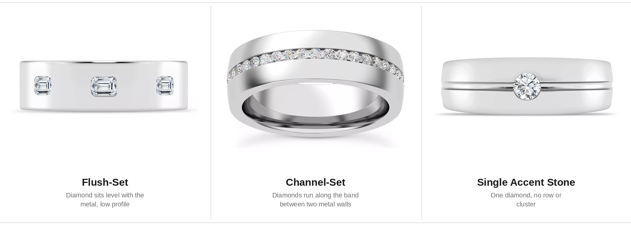 3 common men's diamond ring styles shown side by side