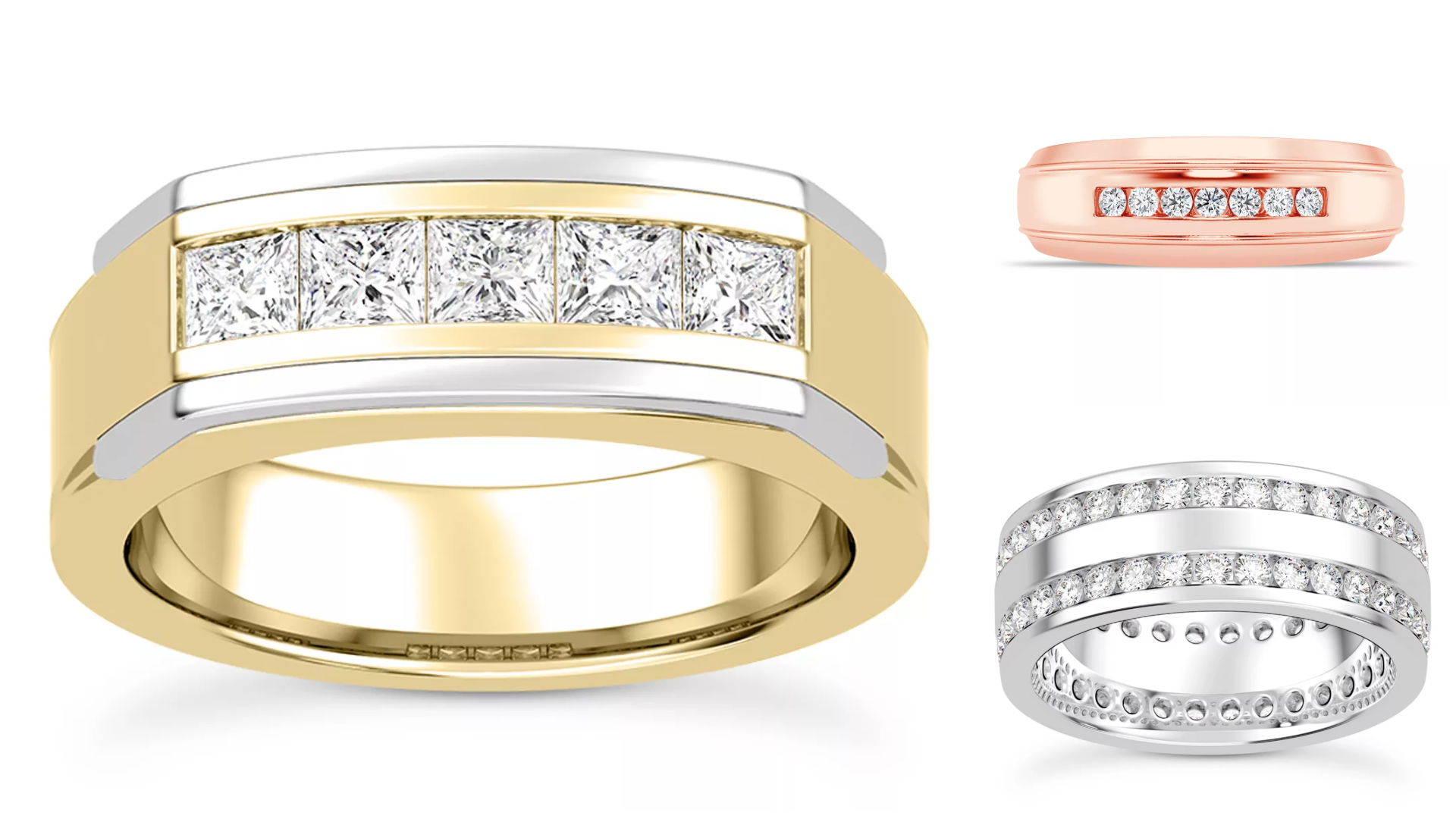 Composite image of men's diamond ring buying guide styles from Rare Carat