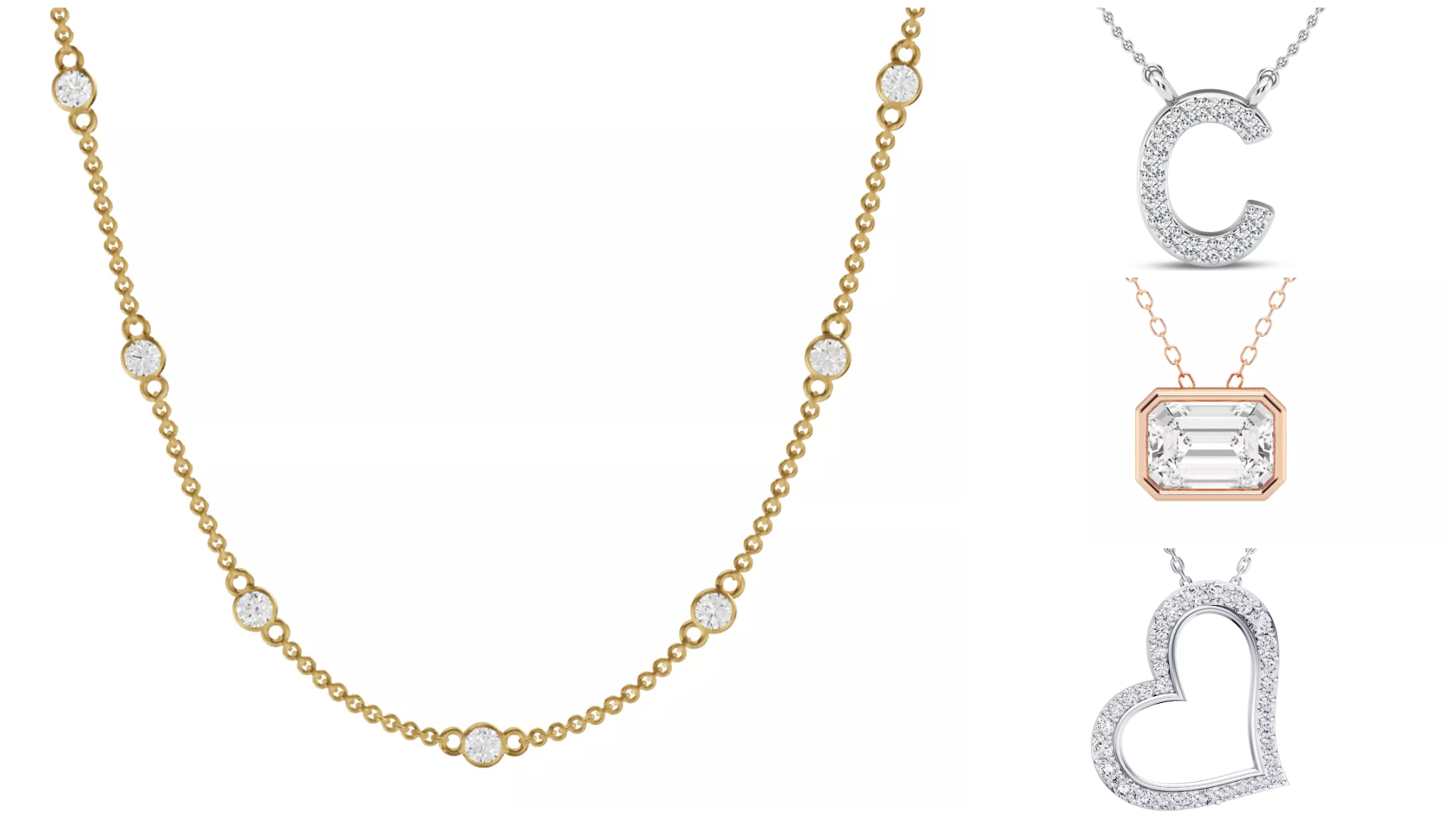 Composite image of diamond necklace buying guide styles from Rare Carat