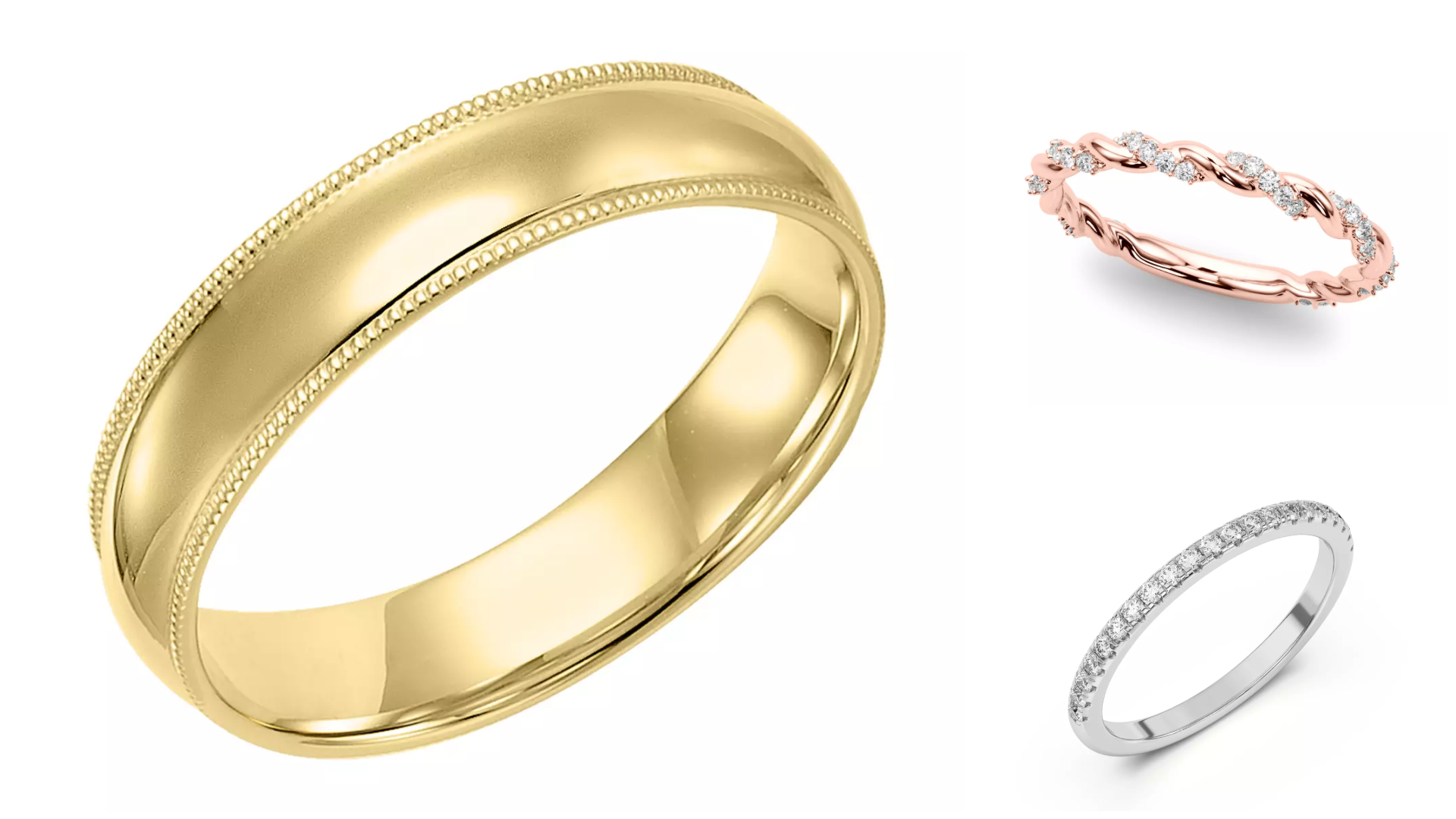 Composite image of bestselling wedding bands for men and women of Rare Carat, one of the best places to buy diamond wedding bands