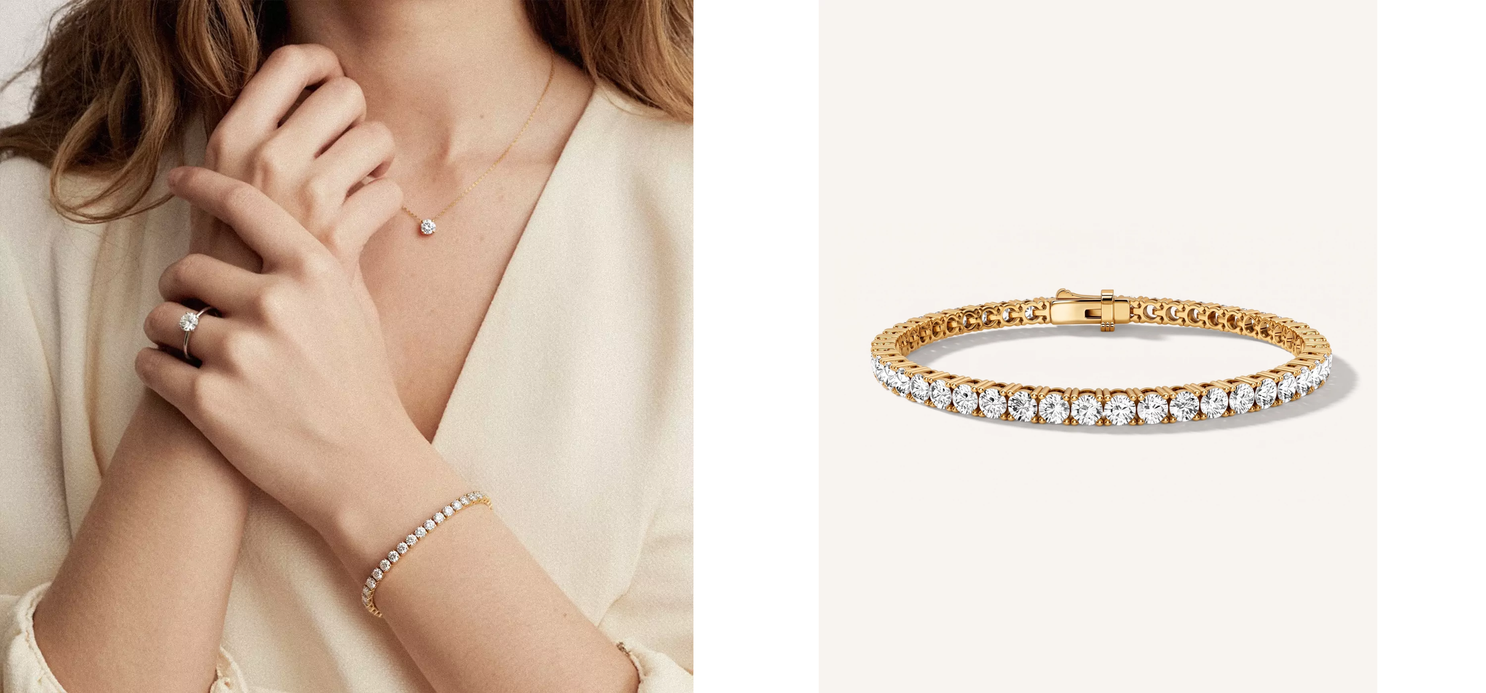 Rare Carat lab diamond tennis bracelet in yellow gold, shown worn on the wrist and as a standalone product photo