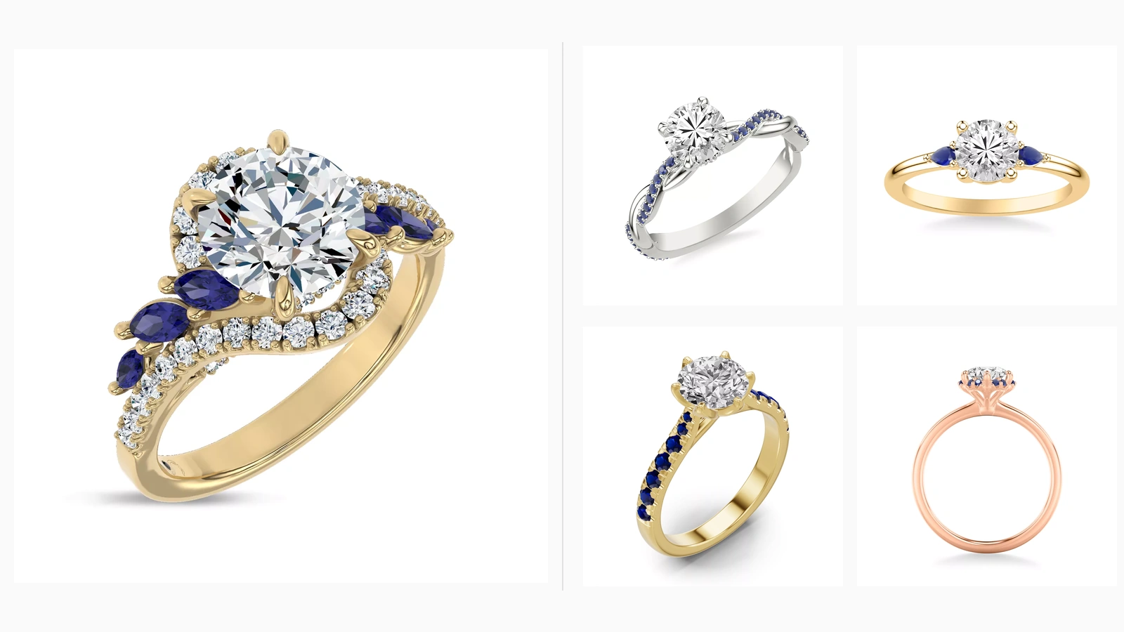 Five Rare Carat sapphire engagement ring settings: a yellow gold marquise-sapphire halo ring as the main image, with a white gold twist pavé, yellow gold pear-accent, yellow gold side-stone pavé, and rose gold ring shown alongside.”